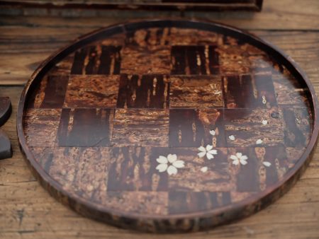 Yatsuyanagi Shell Inlay Sakura Round Tea Tray Checkered Pattern on Sale