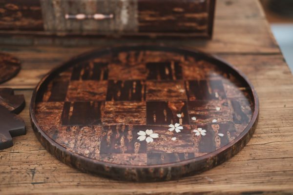 Yatsuyanagi Shell Inlay Sakura Round Tea Tray Checkered Pattern on Sale